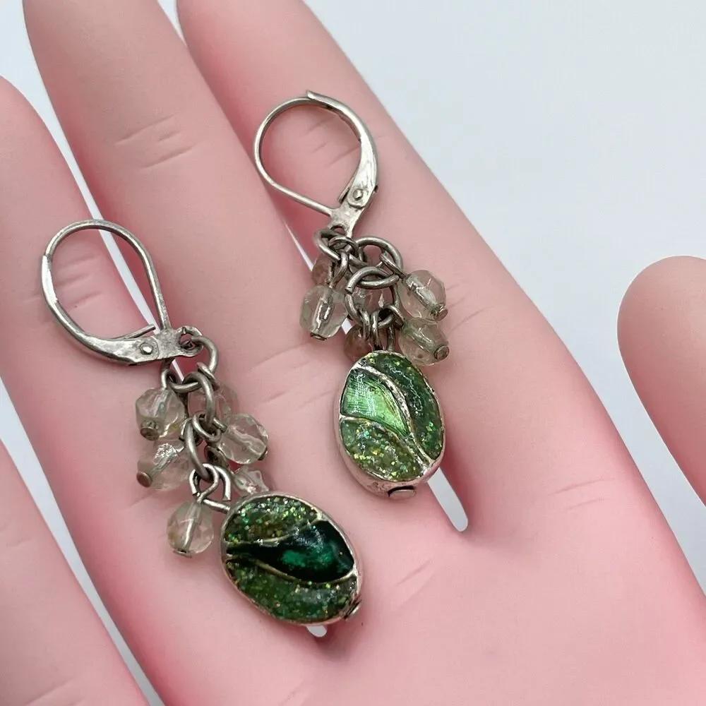 Vintage Silver Tone Green Enamel Dangle Earrings Drop Back Hoops Boho Classic